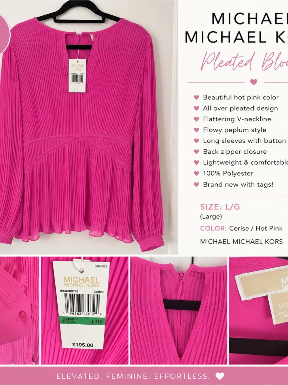 NWT Michael Michael Kors Pink Pleated Peplum Blouse Large